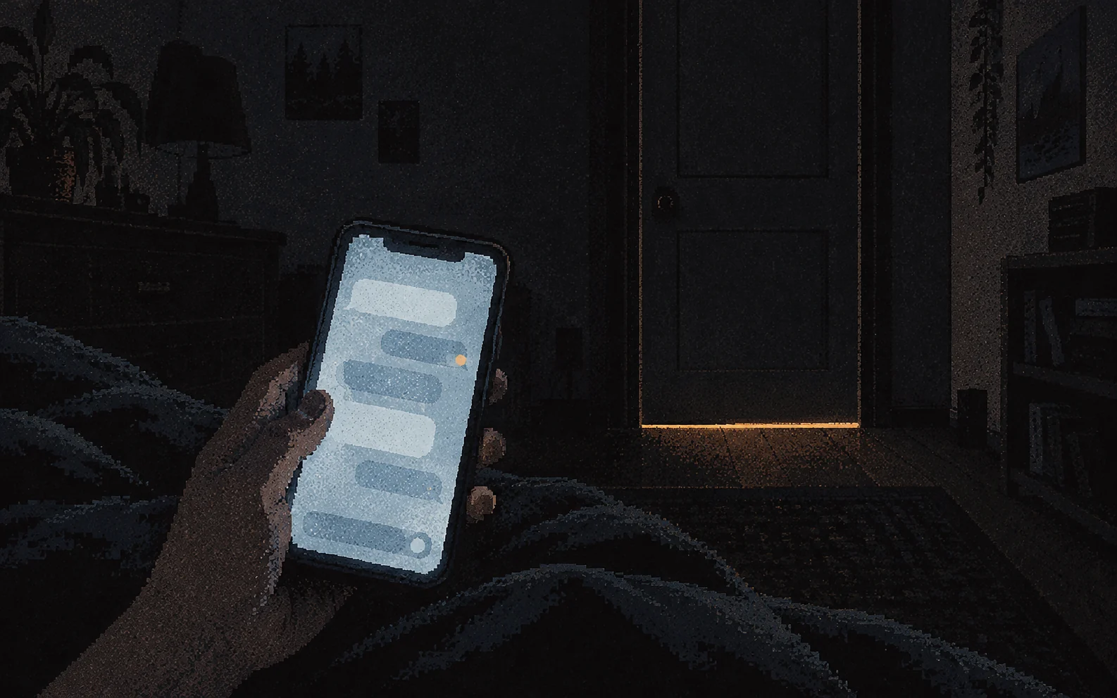 Key art: a hand holds a glowing smartphone with chat bubbles in a dark bedroom at night